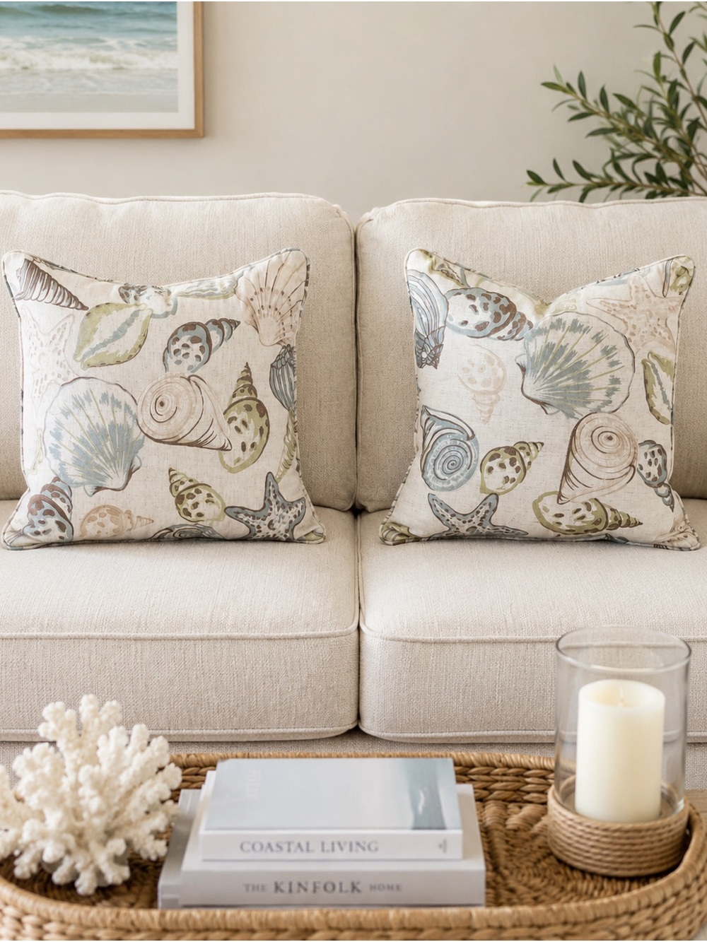 Set of 2 Custom Designer Coastal Seashell Accent Pillows 18x18 – Beach Cottage